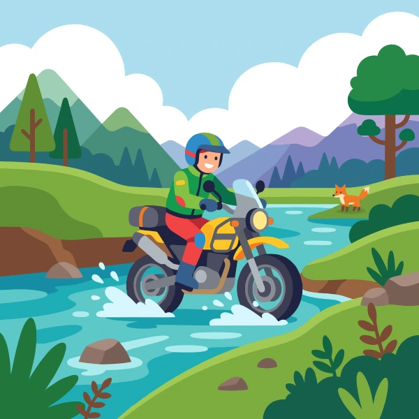 Navy blue, charcoal, and sky blue adventure bike beside blue water with green banks, trees, and a wide bright sky.