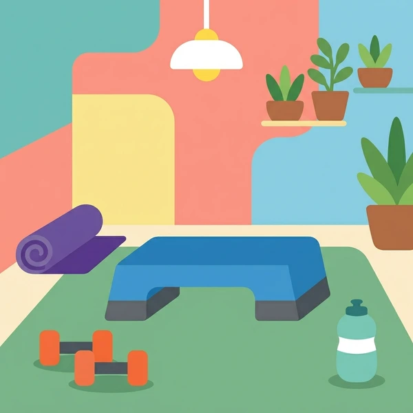 Blue aerobic step platform beside a purple yoga mat, red and orange dumbbells, and potted plants in a modern home gym