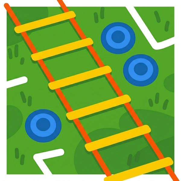 Yellow and red agility ladder laid flat on bright green turf with three blue cone markers on the sides