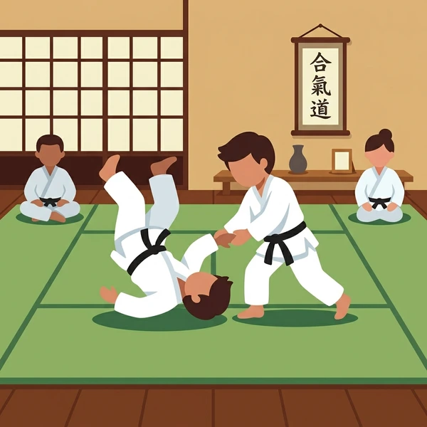 Two aikido practitioners in white gis executing a throwing technique on green tatami mats inside a wooden traditional dojo
