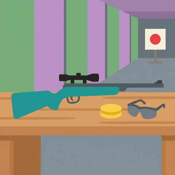 Teal air rifle with scope on a wooden shooting bench at an indoor range, with protective sunglasses, ammunition disc, and a distant red target