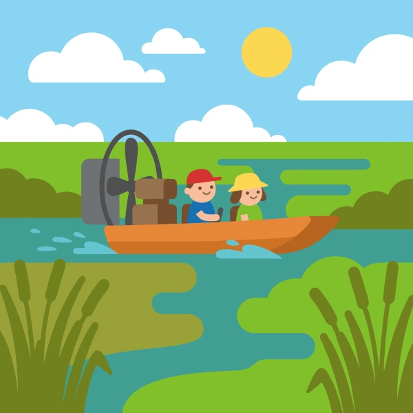 Orange, earth brown, and teal airboat moving through teal marsh water with tall green reeds and a bright yellow sun.