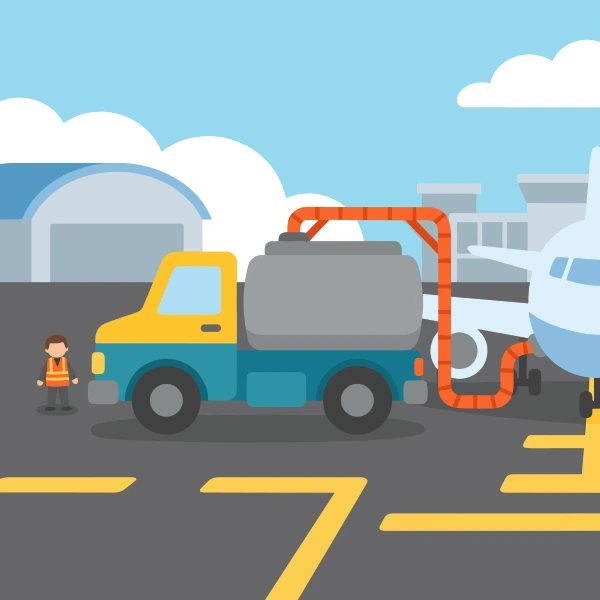 Teal, gray, and mint green aircraft refueler at an airport with terminal glass, runway pavement, or hangar buildings.