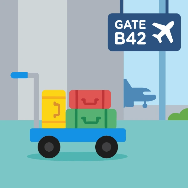 Light blue, tan, and deep blue airport baggage cart at an airport with terminal glass, runway pavement, or hangar buildings.