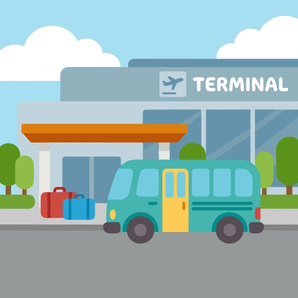 Sun yellow and red airport shuttle bus set against stars, planets, moons, or glowing space colors.