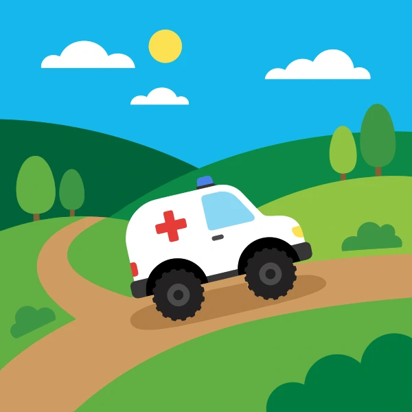 All-terrain ambulance on dirt road with forest green and black body tones, charcoal accents, and turquoise background.