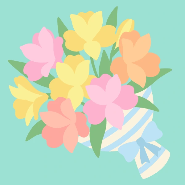 Pastel alstroemeria bouquet with pink yellow and orange blooms wrapped in blue striped ribbon