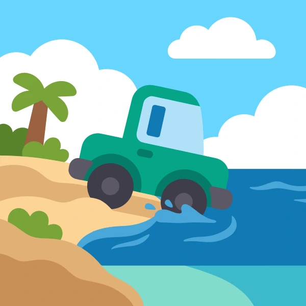 Teal, charcoal, and light blue amphibious vehicle leaving shore near sand, blue water, and palm trees, cliffs, or a pier.