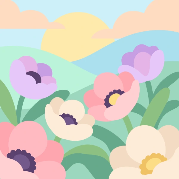 Purple pink and cream anemone flowers blooming across green hills at a soft pastel sunrise