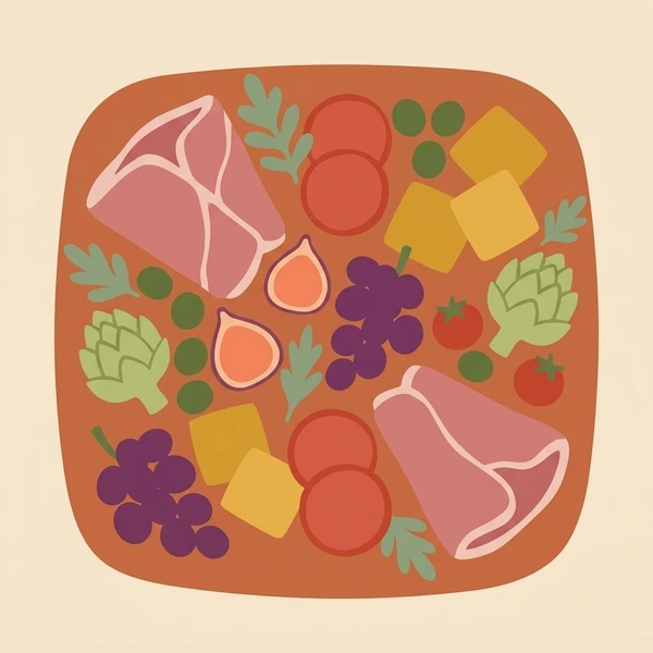 Italian antipasto platter with olives, salami slices, cheeses, and roasted vegetables