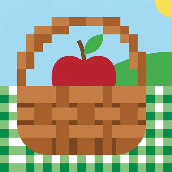 Bright red apple placed in a woven picnic basket with cloth lining