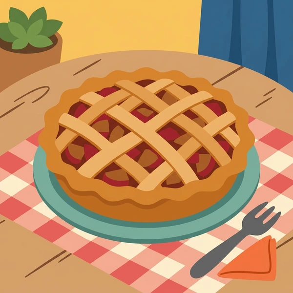 Freshly baked apple pie with golden crust sitting on a wooden kitchen table