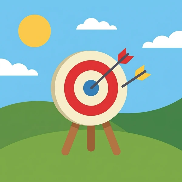 Colorful archery target with red and cream concentric rings and a blue center on a wooden tripod, two arrows embedded, sunny field background
