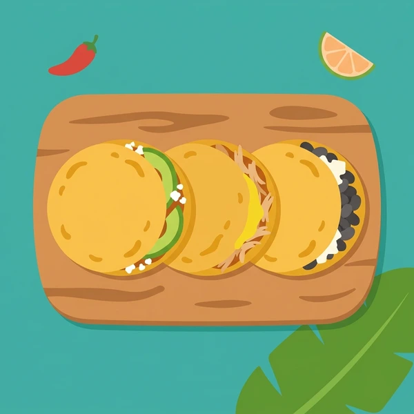 Golden arepas arranged on a rustic wooden serving board