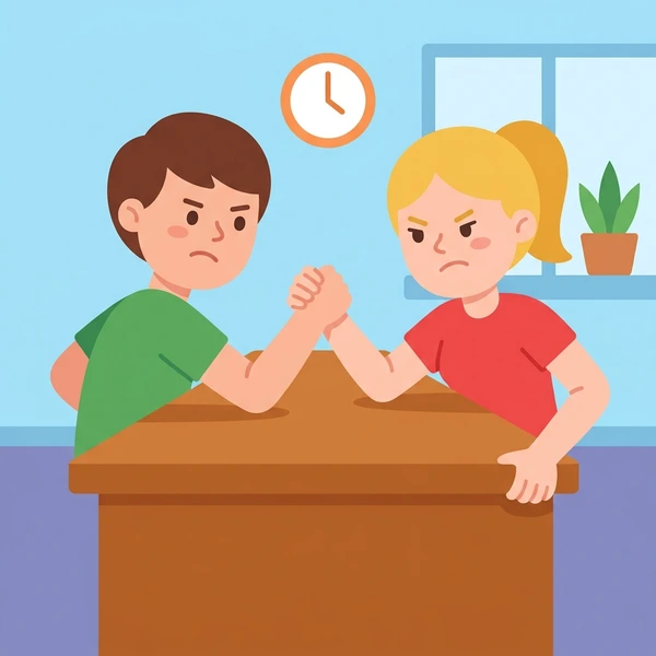 Man in green shirt and woman in red shirt arm wrestling at a brown wooden table, audience and wall clock visible in the background