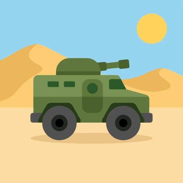 Olive green, charcoal, and forest green armored personnel carrier crossing sandy ground with dunes, warm hills, cacti, or a bright sun.