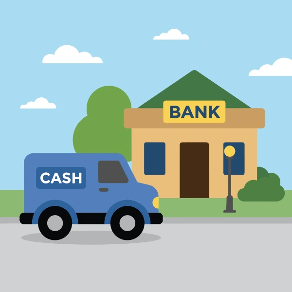 Armored truck by bank with leaf green and deep blue body tones, peach accents, and light blue background.