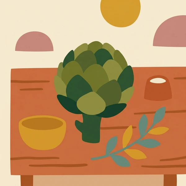 Whole green artichoke placed on a rustic wooden table surface