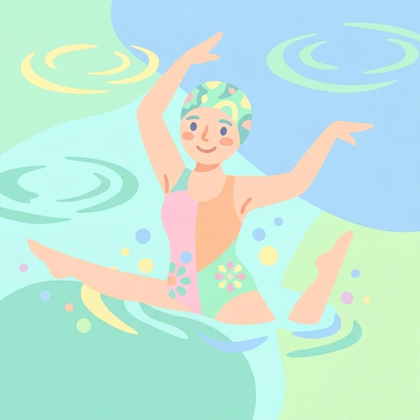 Female artistic swimmer in pink swimsuit performing with arms extended in turquoise water surrounded by pastel pink and green spiral decorations