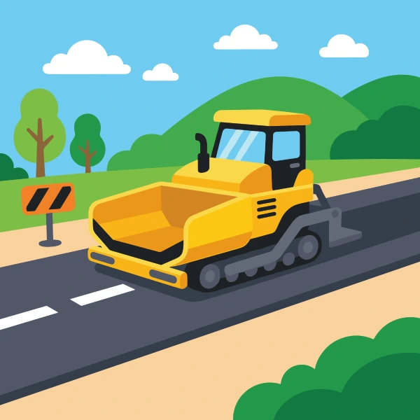 Asphalt paver in mustard yellow, orange, and black on fresh road, with sky blue sky and sand beige ground.