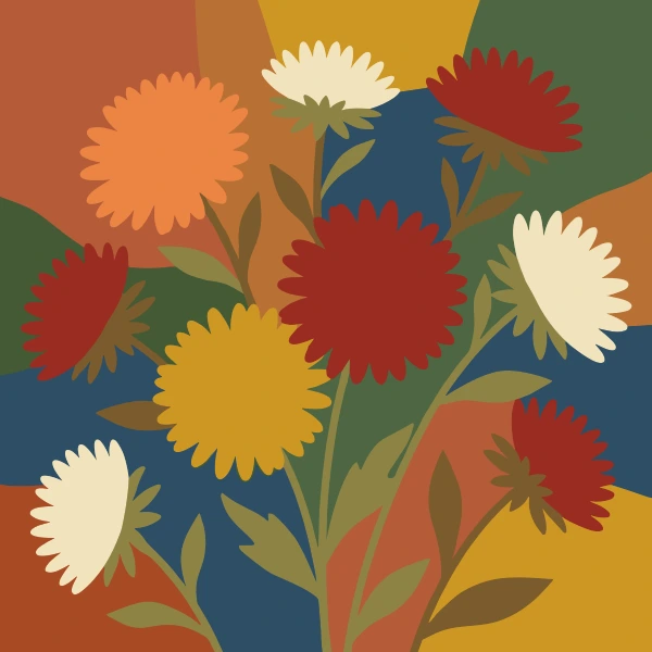 Red orange yellow and white aster flowers in a bold autumn bouquet with warm earthy background