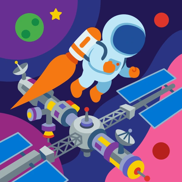 Astronaut jetpack above station with orange and light blue body tones, gray accents, and violet background.