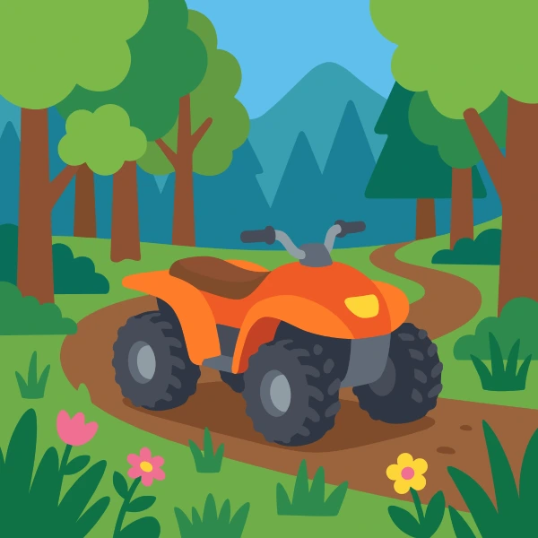 Deep blue, charcoal, and orange atv among trees, hills, or mountains with a winding path or river nearby.