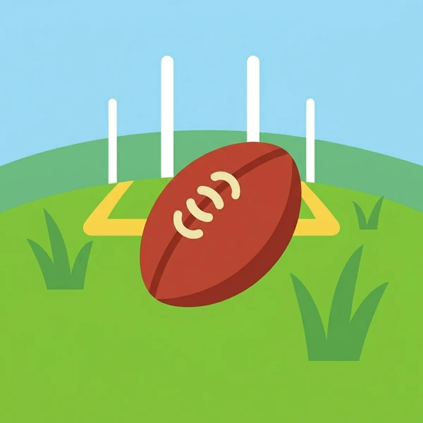 Oval red-brown Australian rules football on green grass with four white goalposts and field markings at a sunny sporting oval