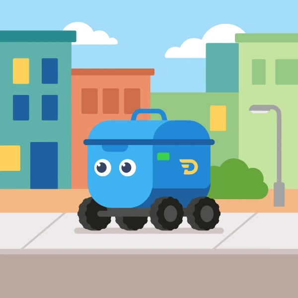 Autonomous delivery robot on sidewalk, colored deep blue, turquoise, and peach, with light blue above and tan below.