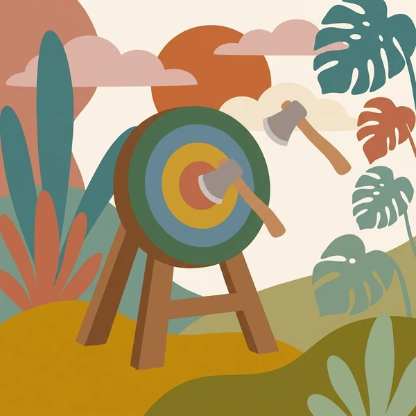 Axe embedded in a circular wooden bullseye target with teal, mustard, and coral rings, a second axe flying through air, surrounded by monstera tropical leaves
