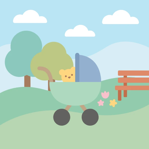 Baby stroller in sand beige, powder blue, and sky blue in park, with light blue sky and mint green ground.