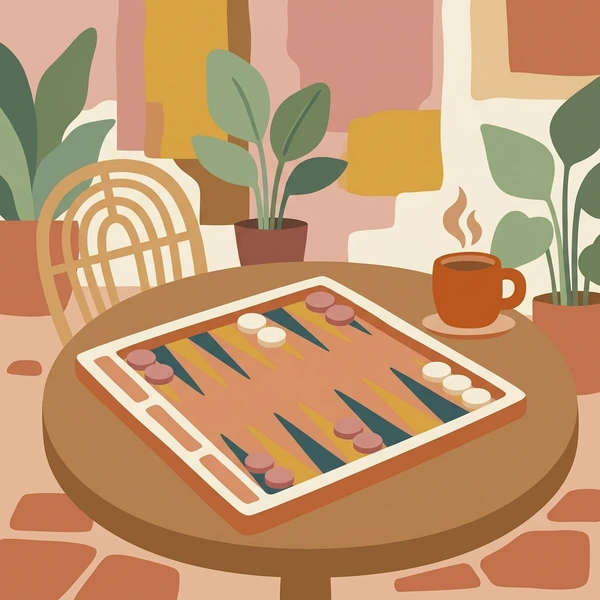 Backgammon board with orange and blue game pieces on a round cafe table with a ceramic coffee cup and potted plants on a wicker chair