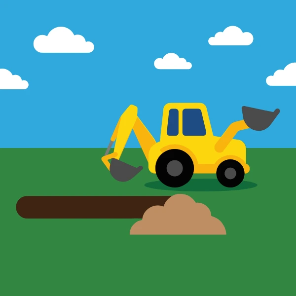 Yellow backhoe with front bucket and rear digger arm beside a freshly dug brown trench on a green field under a blue sky with white clouds.