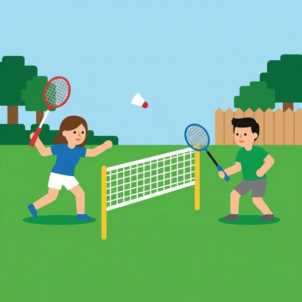 Two children playing badminton in a backyard with a net between them, white shuttlecock in flight, red rackets, trees and wooden fence in background