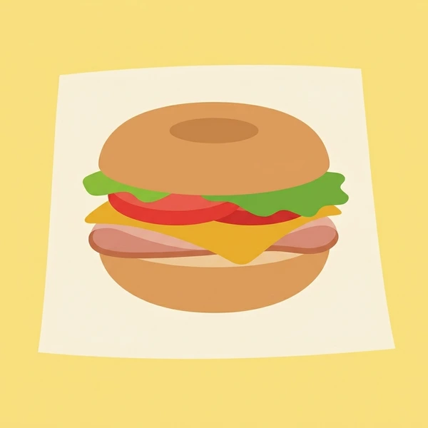 Toasted bagel sandwich with layered fillings resting on sandwich wrap paper