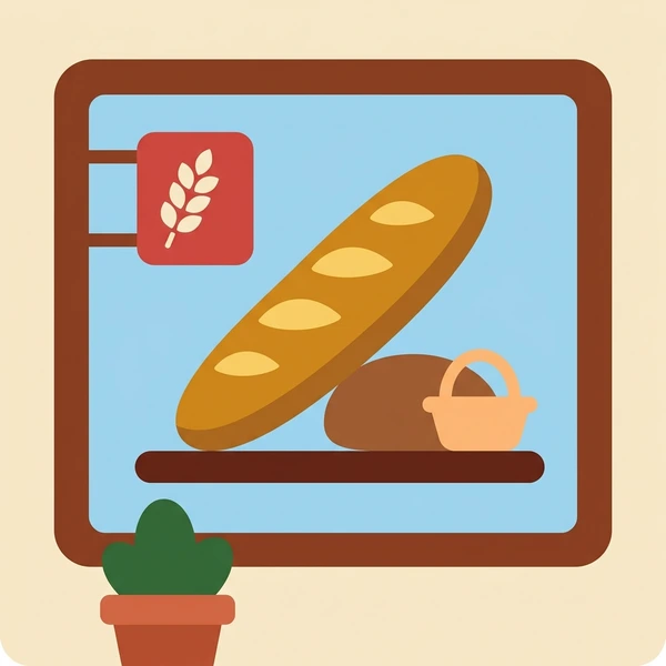 Long French baguette displayed in a bakery window with shop background