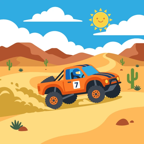 Orange, charcoal, and coral baja truck crossing sandy ground with dunes, warm hills, cacti, or a bright sun.