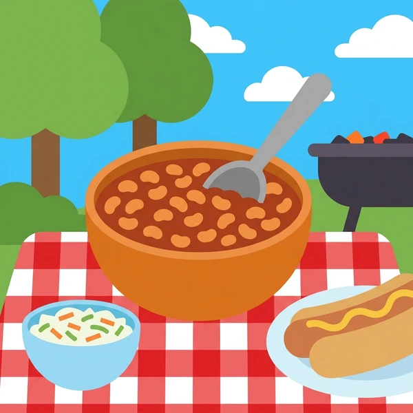 Bowl of baked beans in sauce served at an outdoor barbecue table