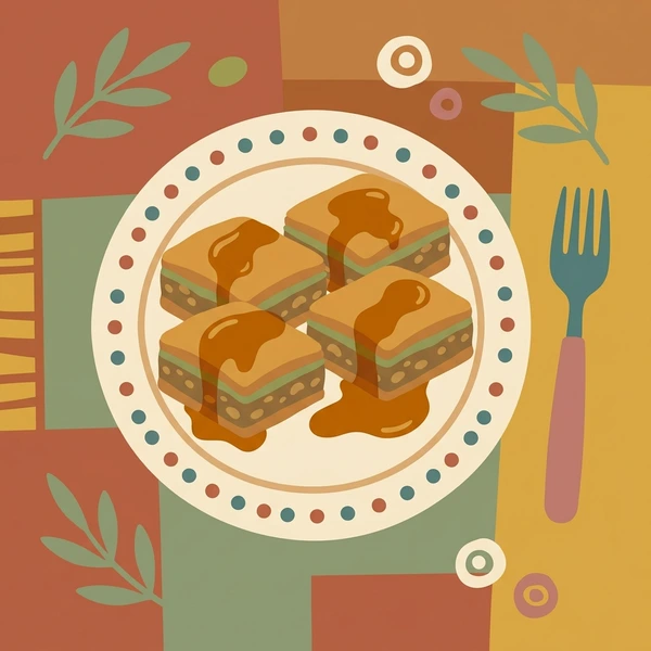 Layered baklava pastry pieces on a dessert plate with syrup glaze