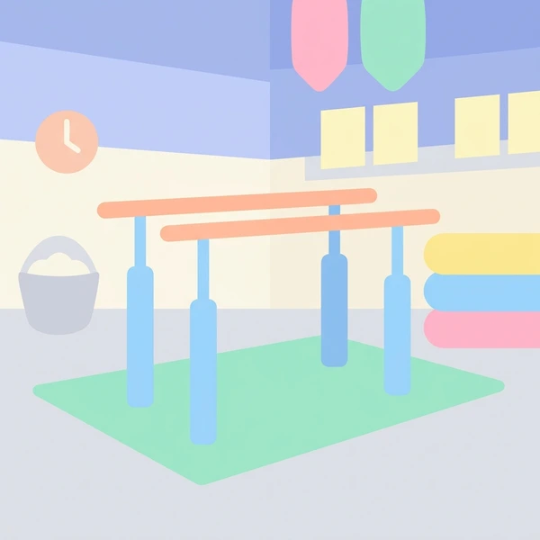 Parallel horizontal gymnastics balance bars with coral-colored surfaces mounted on blue vertical supports in a gym hall with yellow padding