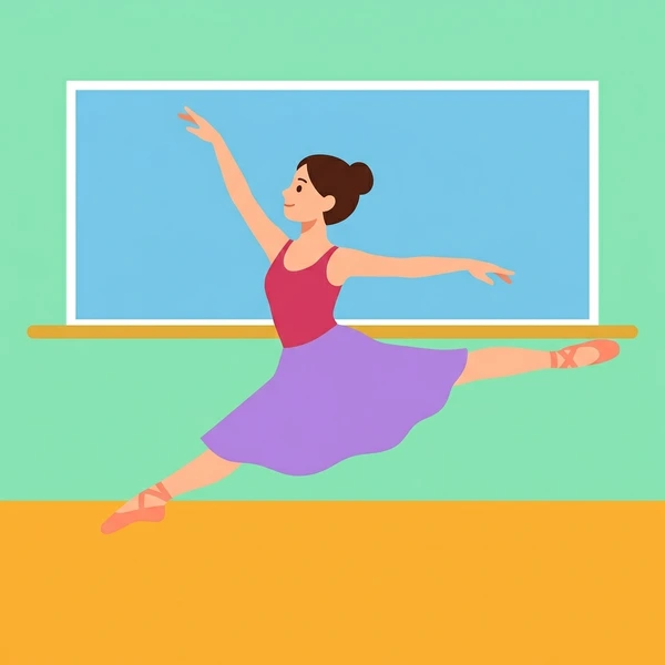 Female ballet dancer in purple tutu and pink leotard performing a grand jete leap in a blue studio with a wooden ballet barre and mirror wall