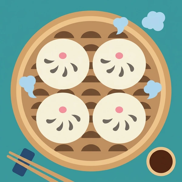 Soft bao buns placed inside a round bamboo steamer basket