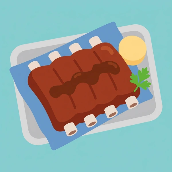 Barbecue ribs covered in sauce on a serving tray