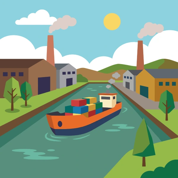 Olive green, gray, and orange barge on a canal with dark blue water, shoreline trees, and warm houses.