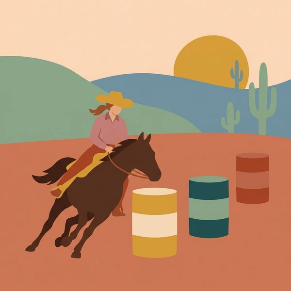 Cowboy in tan and orange outfit riding a dark brown horse around barrel racing drums on a sandy arena with cacti and blue mountains in background