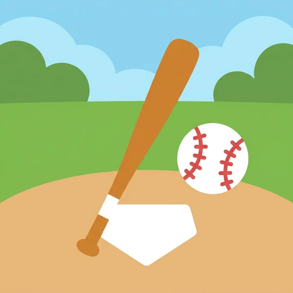 Brown baseball bat at home plate with a white baseball with red stitching on tan infield dirt, green grass outfield and blue sky in background