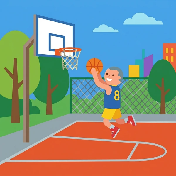 Young basketball player number 8 in yellow jersey shooting an orange basketball at an outdoor court with orange rim, blue court surface, and city trees