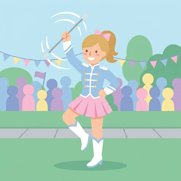 Female majorette in blue military jacket and pink skirt spinning a white baton at a parade with colorful crowd and pastel bunting overhead