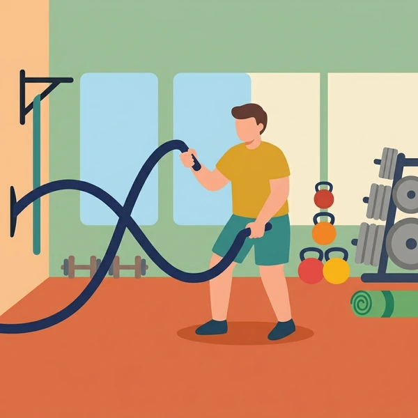 Trainer using dark blue battle ropes in an industrial gym surrounded by yellow, orange, and red kettlebells, dumbbells, and gym equipment on an orange wall