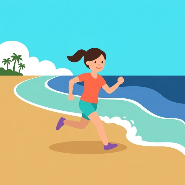 Female runner in orange top and turquoise shorts sprinting on tan sand beside blue ocean waves with green palm trees in tropical background